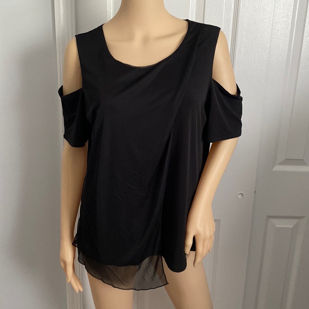 Black cold shoulder top with sheer overlay